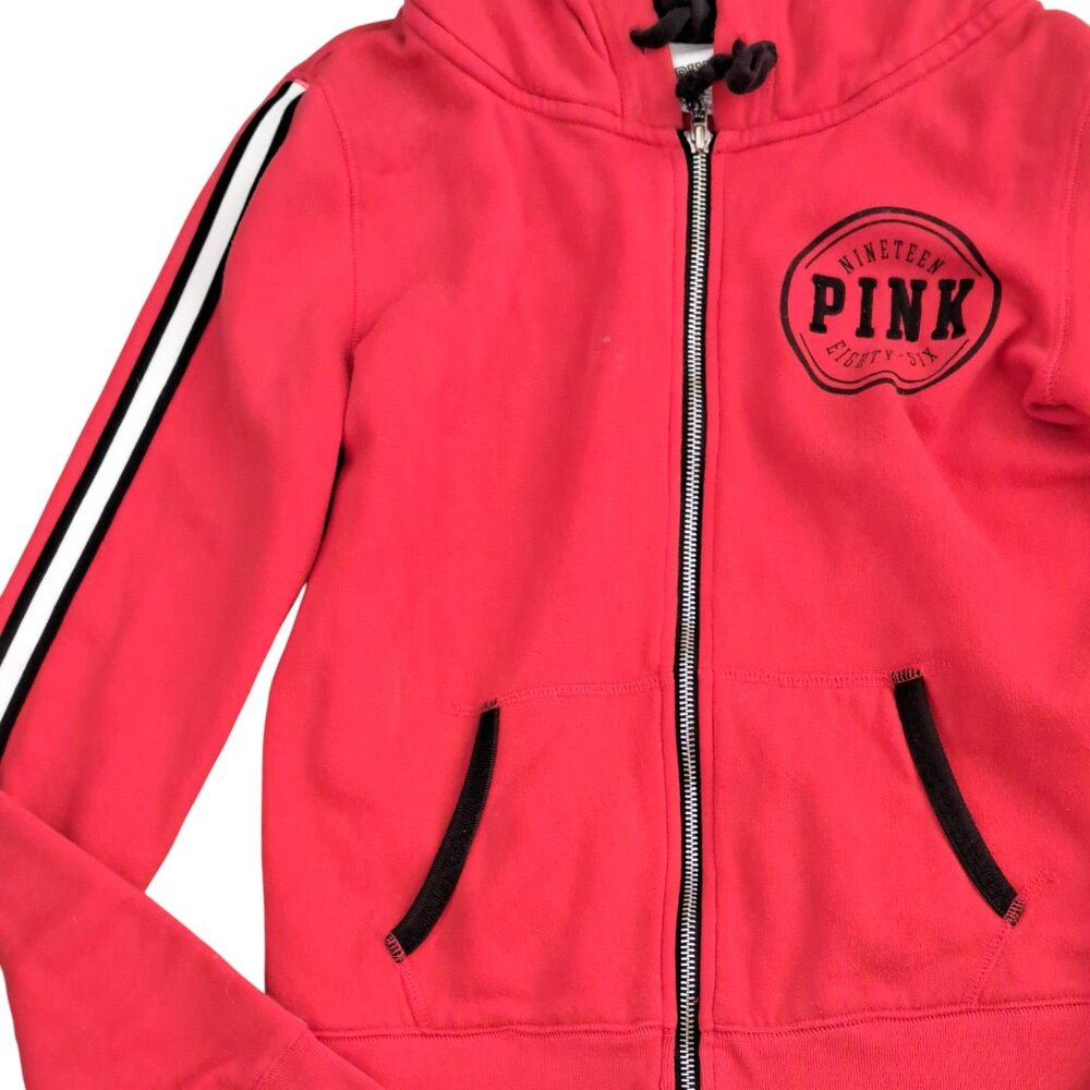 PINK Victoria's Secret Limited Edition Red Zip Hoodie XS | White & Black Stripe - Picture 7 of 11